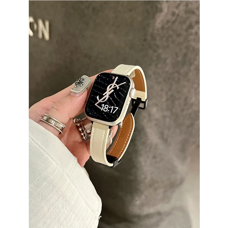 适用iwatchs9手表带新款s8女生苹果手表s7s6磁吸扣真皮秋冬高级感