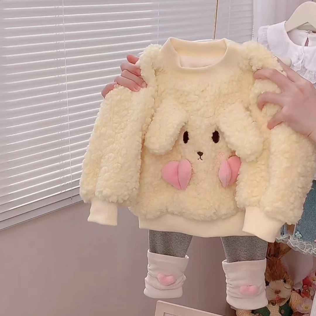 女童加绒卫衣秋冬装2025新款小女孩洋气羊羔卡通韩版上衣打底裤潮