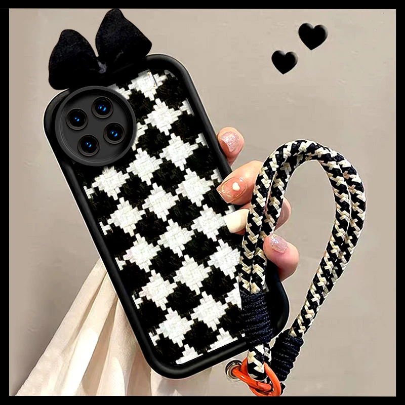 适用vivox90pro手机壳V2241A防摔x90带绳全包女款可斜挎黑白格纹