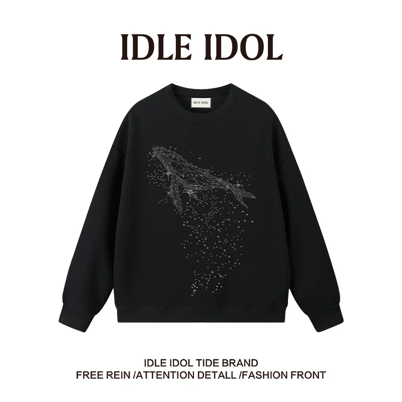 IDLE IDOL秋冬轻奢时尚休闲百搭鲲鹏重工烫钻满星圆领卫衣