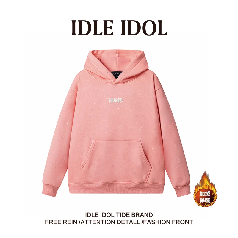 IDLE IDOL轻奢休闲加绒防寒粉色满天星圆领卫衣设计师连帽情侣款