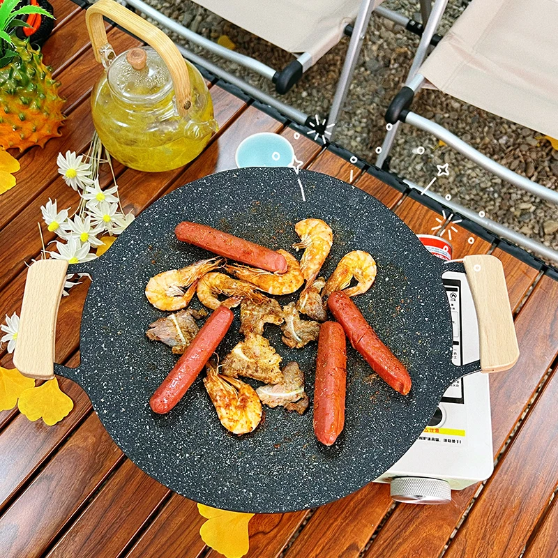 户外露营烤盘韩式烧烤盘黑色麦饭石不粘锅烧烤盘燃气烤盘烧烤用品