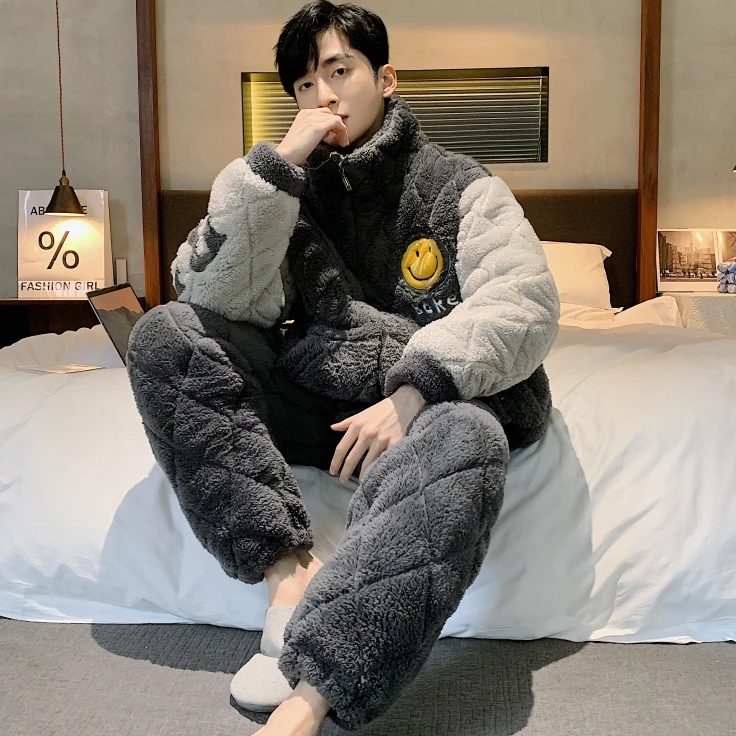 超厚睡衣男士秋冬季加厚加绒珊瑚绒三层夹棉袄冬款冬天男生家居服