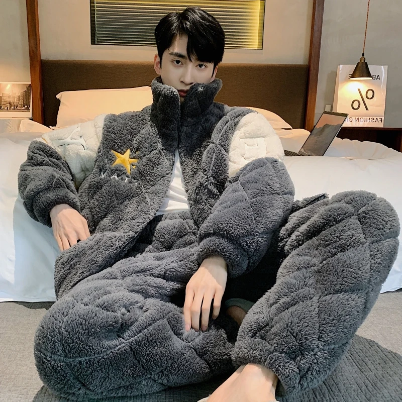 秋冬季珊瑚绒睡衣男士三层夹棉袄加绒加厚大码2024新款保暖家居服