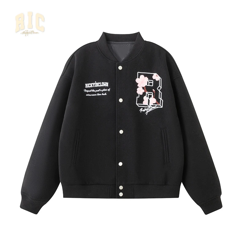 RickyisClown24AW秋季玫樱花绣重磅刺绣宽松棒球服男女同款时尚