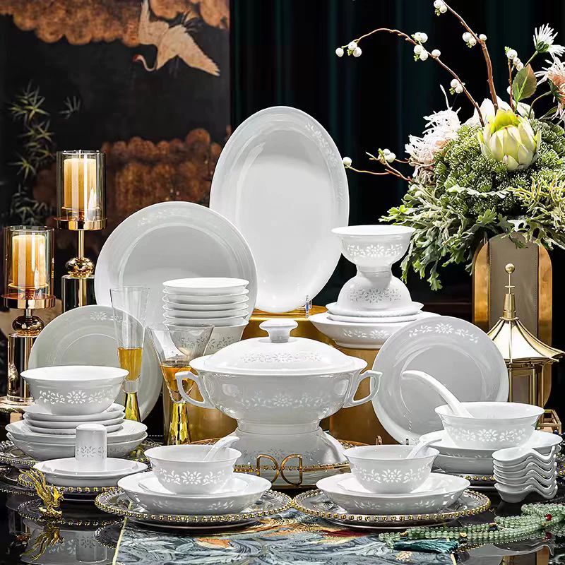 景德镇轻奢高白泥白釉玲珑瓷58头餐具套装家用碗碟盘景德镇