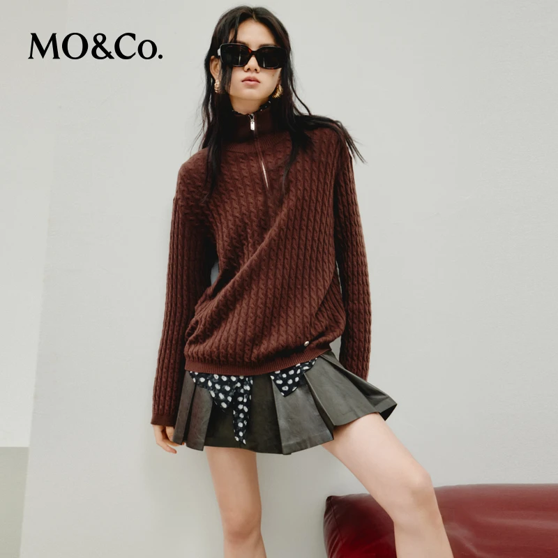 MOCO秋山羊绒绵羊毛绞花肌理拉链开襟宽松毛衣MBD3SWT045