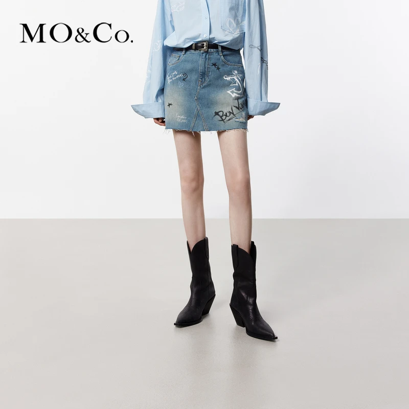 MOCO航海手绘涂鸦怀旧洗磨剪边高腰牛仔短裙MBD2SKT049