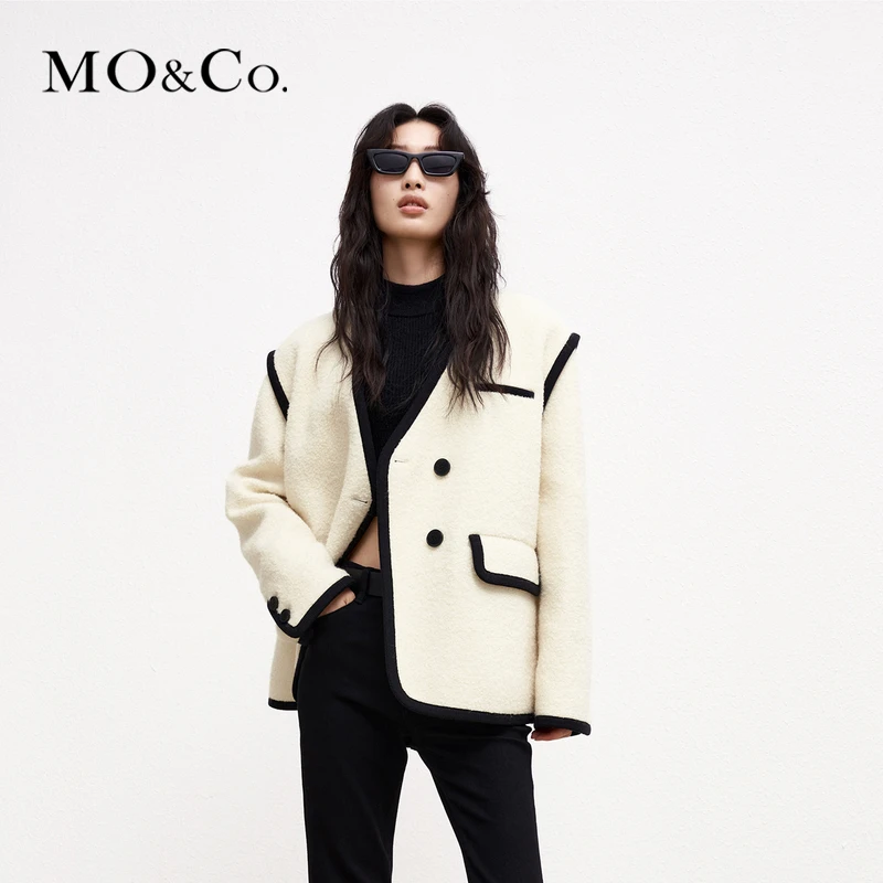 MOCO冬季绵羊毛混纺撞边宽肩毛呢小香风休闲外套女士MBC4COTT02
