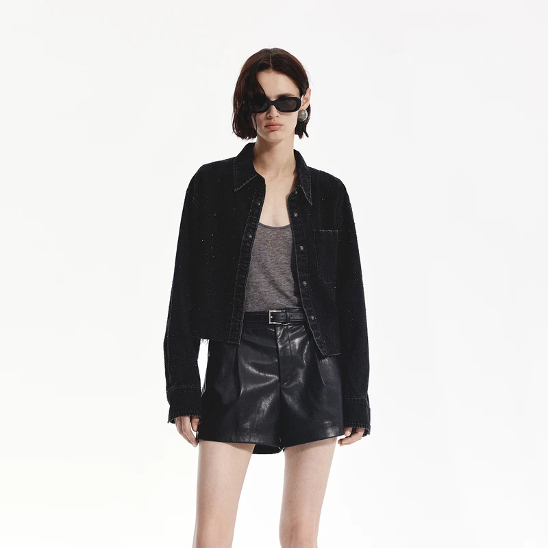 【流光风】MOCO秋摇滚短款宽松烫钻棉质牛仔衬衫外套MBD3SHT006