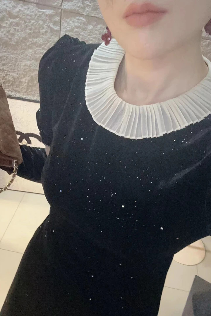 （伊丽莎白）法式圆领花苞短袖金丝绒连衣裙女高级感裙子