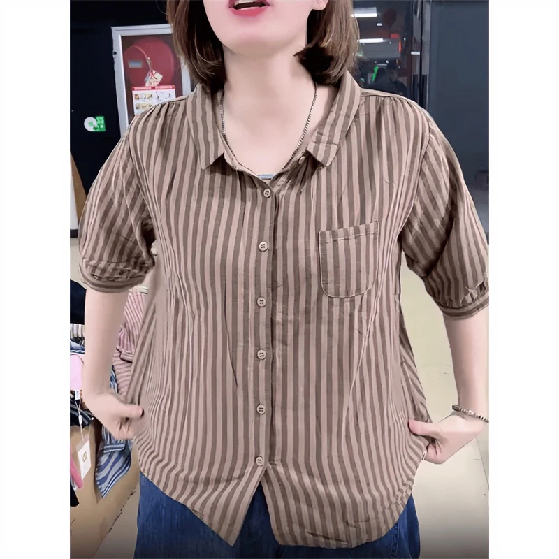 夏季新款条纹衬衫女短袖宽松大码胖mm遮肚显瘦上衣洋气减龄衬衣潮
