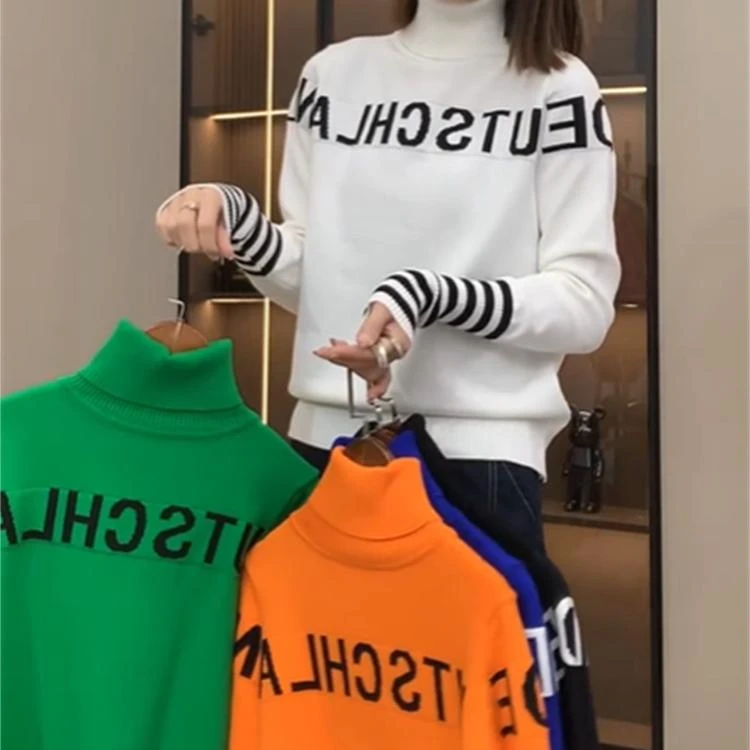 欧货2024秋冬新款高领字母条纹拼接针织衫女时尚洋气百搭打底毛衣