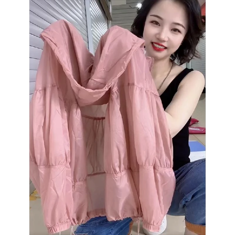 快手直播2023时尚抽绳摆连帽上衣薄款宽松透气防晒服女长袖防晒衣