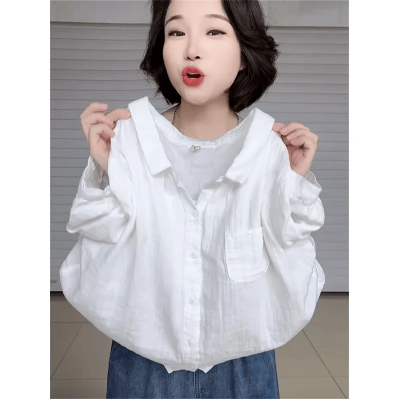 衬衫2024新款女翻领纯色短袖衬衣夏季新款复古文艺单排扣休闲上衣