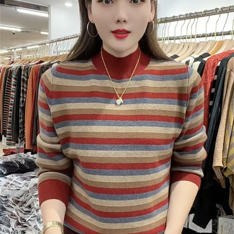 撞色条纹半高领针织衫女装2024秋冬新款宽松加厚保暖洋气百搭毛衣