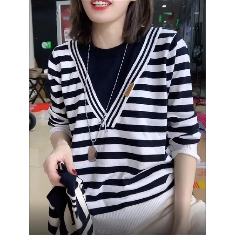 欧货2023春秋新款宽松显瘦假两件拼色条纹V领长袖针织衫上衣女潮