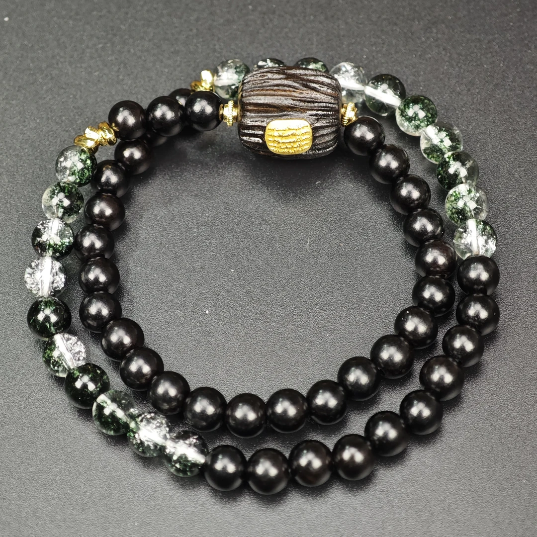 翠影·6MM黑檀木枣型珠五条纹双圈手串 SJ178