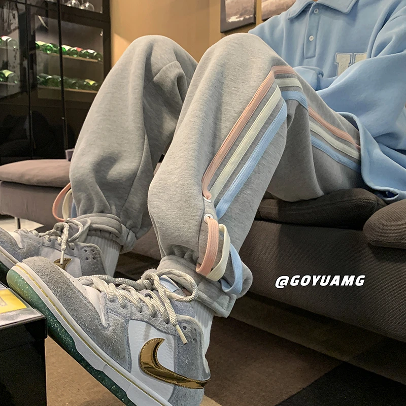 XXZZ 新款重磅400g定制条纹直筒卫裤男潮牌宽松加绒休闲阔腿长裤