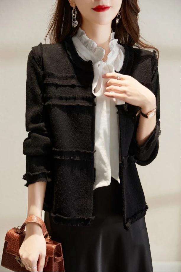 小香风针织粗花呢外套女短款流苏毛边上衣秋季百搭