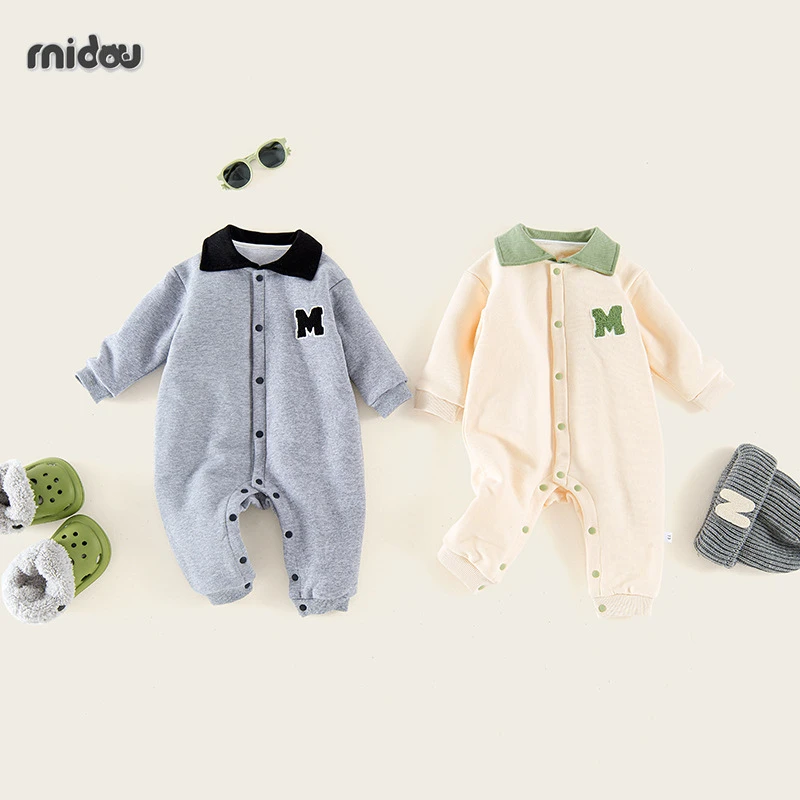 春秋季新款时尚婴童连体衣婴儿衣服学院风新生儿衣服翻领版外出服
