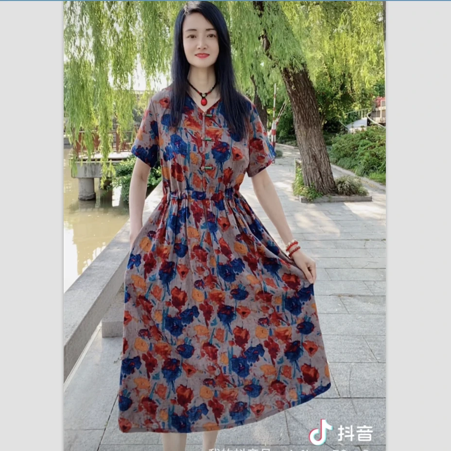 夏季新款V领碎花名族风棉麻修身显瘦复古文艺风减龄女装连衣裙