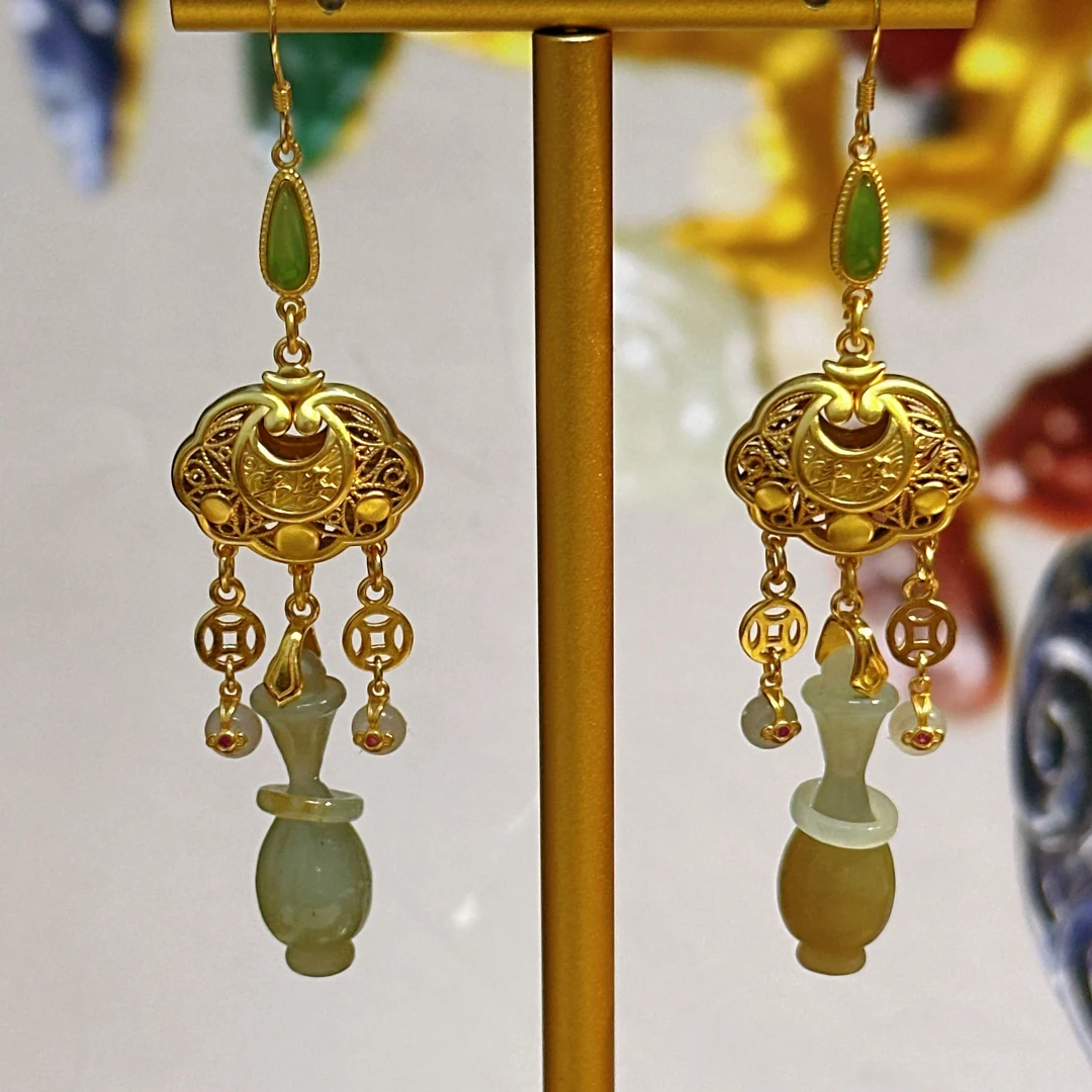 如意平安宝瓶 纯银镀18镀金 国风原创设计款耳环【天玺珠宝】