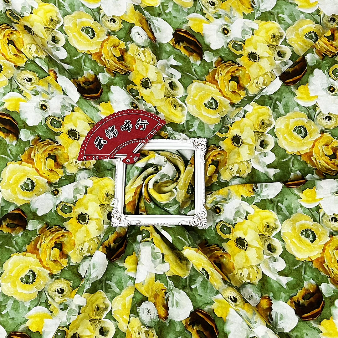 【云锦1店】24709-3号 木棉绿底油彩画黄花 服装面料布料