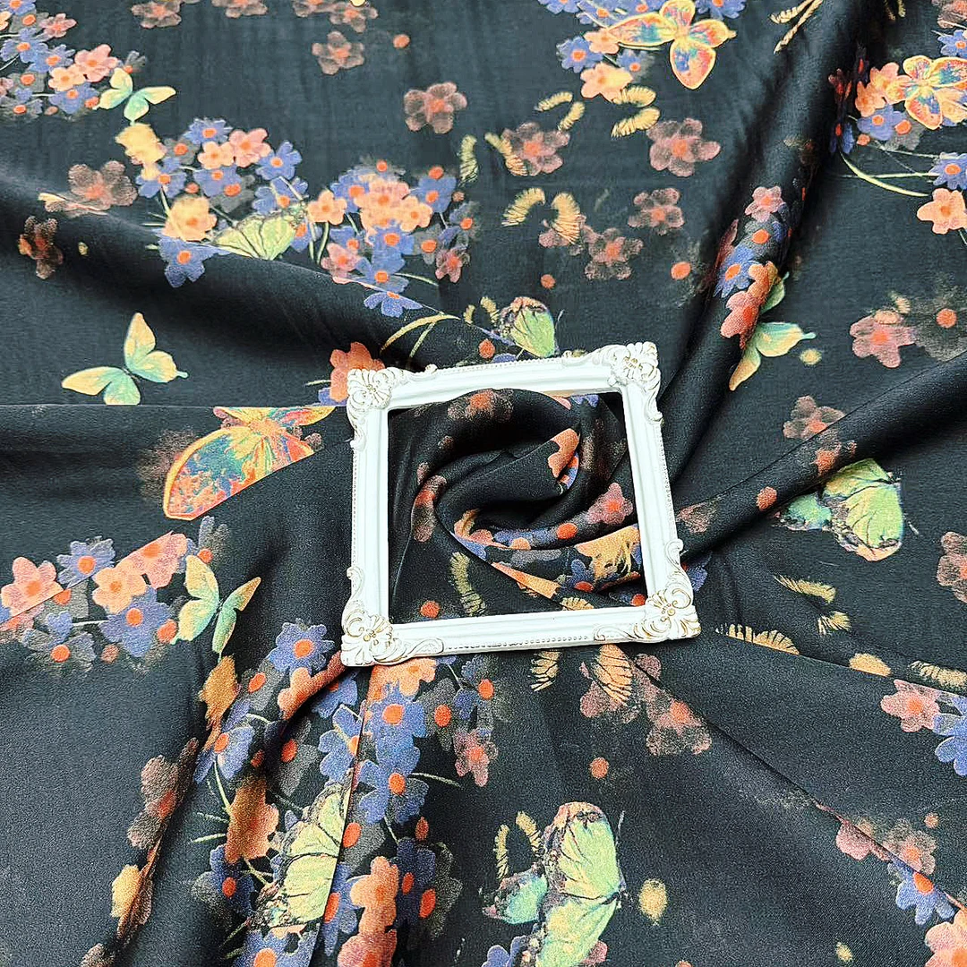 【云锦1店】1220-1号黑底蝶恋花贡缎棉绸服装定制面料布料剪裁亲肤