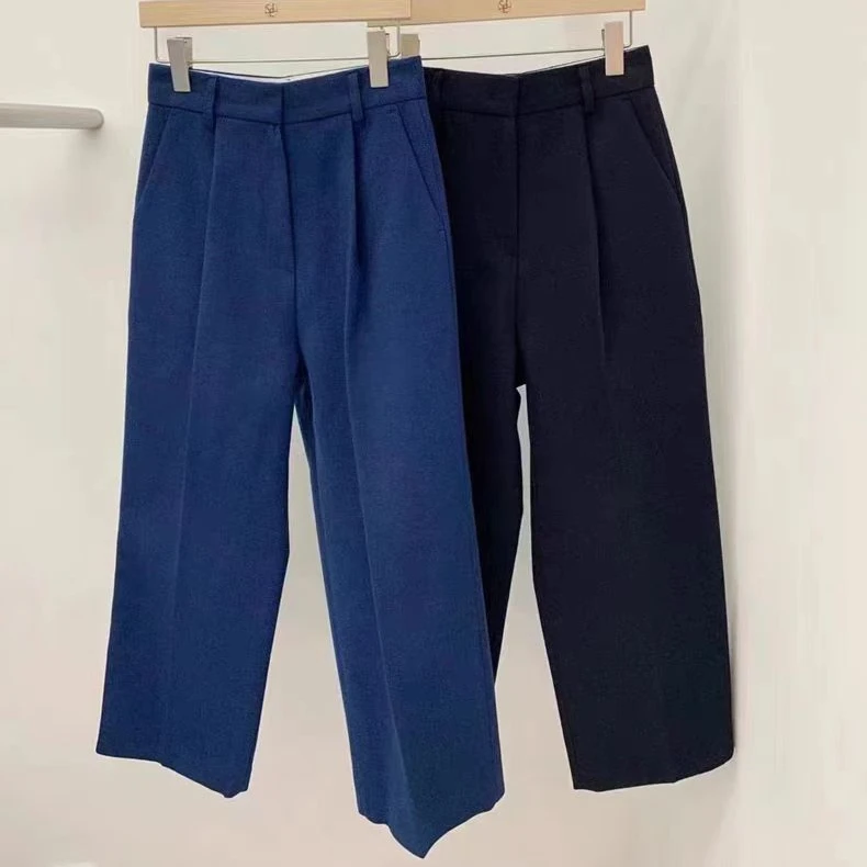 sele*t 韩国东大门秋冬高腰百搭直筒羊毛复合西裤九分长裤西装裤