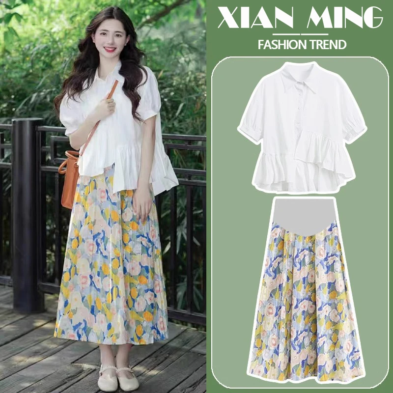孕妇夏装连衣裙套装时尚洋气时髦2025新款上衣衬衣半身裙夏两件套