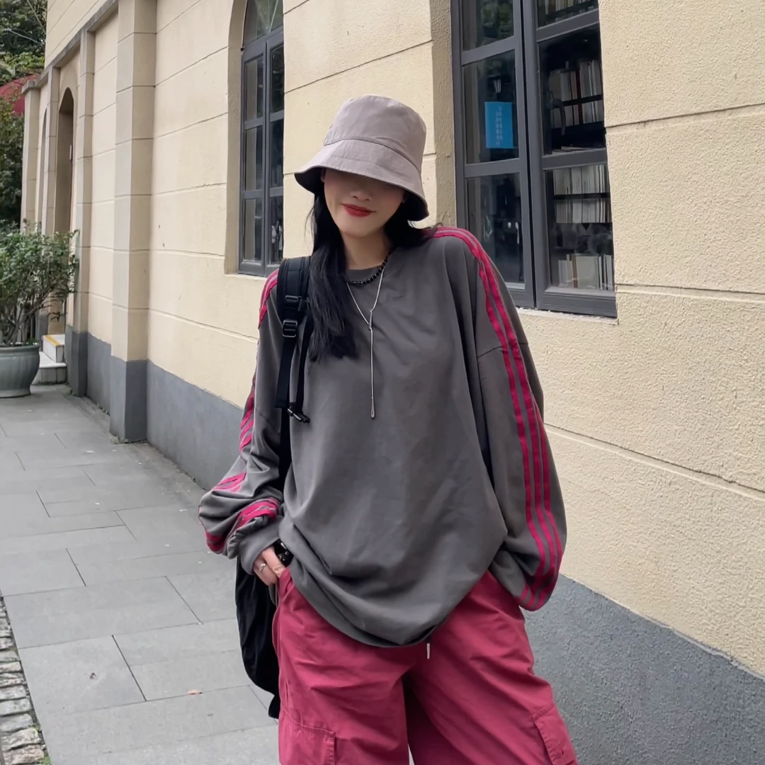 韩版新款加条上衣休闲洋气时尚宽松长袖