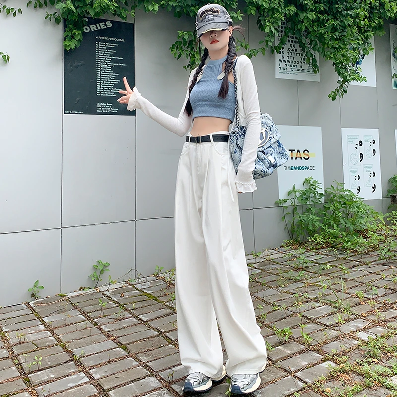 1272#（送腰带）白色阔腿牛仔裤高腰显瘦宽松垂感褶皱设计感拖地裤