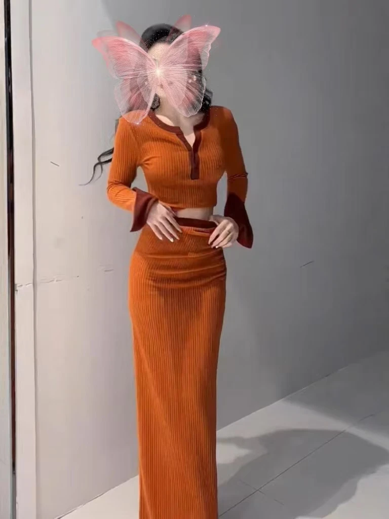 1-382#优雅气质套装百搭长袖上衣+时尚高腰显瘦包臀半身裙两件套