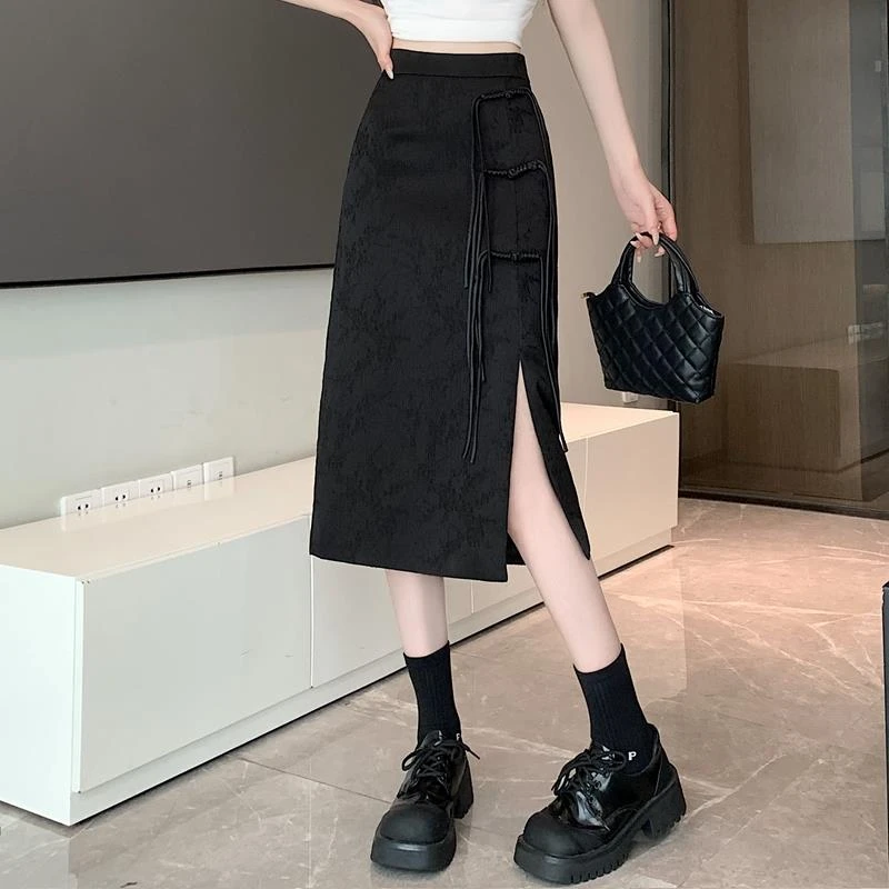 921#新中式国风黑色半身裙女春款中长款复古盘扣开叉包臀裙子