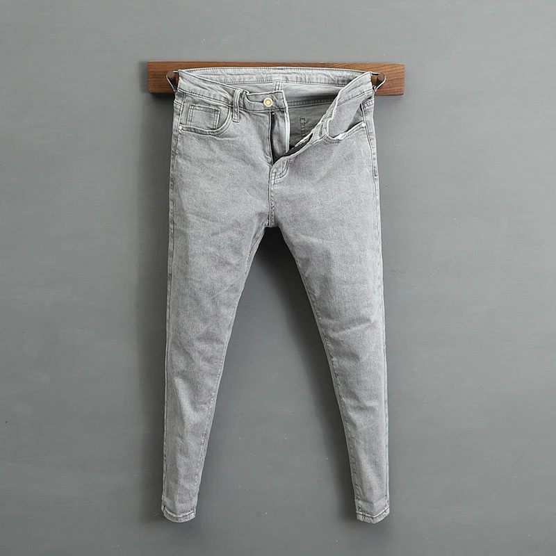 春夏灰色韩版休闲潮流修身小脚显瘦紧身九分牛仔裤男休闲百搭长裤