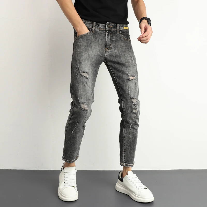 2024春秋水洗黑灰复古做旧破洞九分牛仔裤男士修身显瘦小脚裤男款