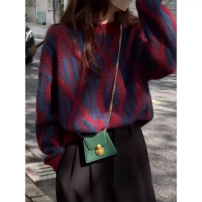 菱格撞色套头重工毛衣女春秋秋冬软糯内搭设计感小众慵懒风针织衫