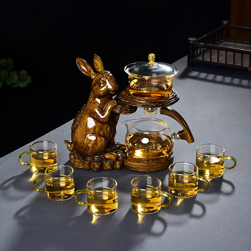 兔玻璃中式茶具套装高档过滤神器磁吸出水半自动茶具家用防烫茶道
