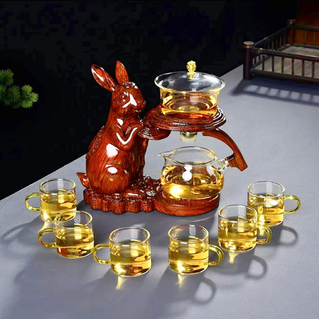 吉兔玻璃茶具套装中式小型旋转茶道蒸汽透明防烫高档功夫茶具泡茶