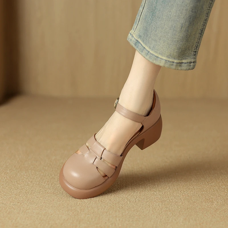 浣妍女鞋2024新款粗跟高跟软牛皮包头中跟一字式扣带女凉鞋罗马鞋