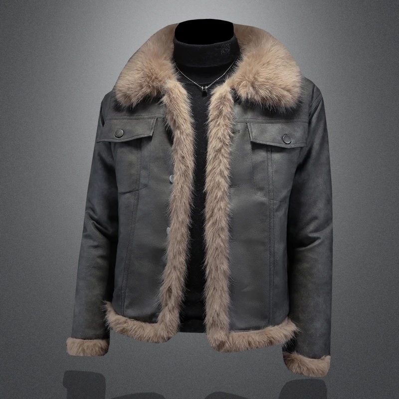 双面穿皮毛一体加绒皮衣男士冬季大码加绒加厚夹克男装羊羔毛外套