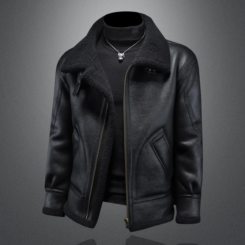 2024冬季新款羊羔毛加绒皮衣男士休闲翻领皮毛一体保暖机车皮夹克