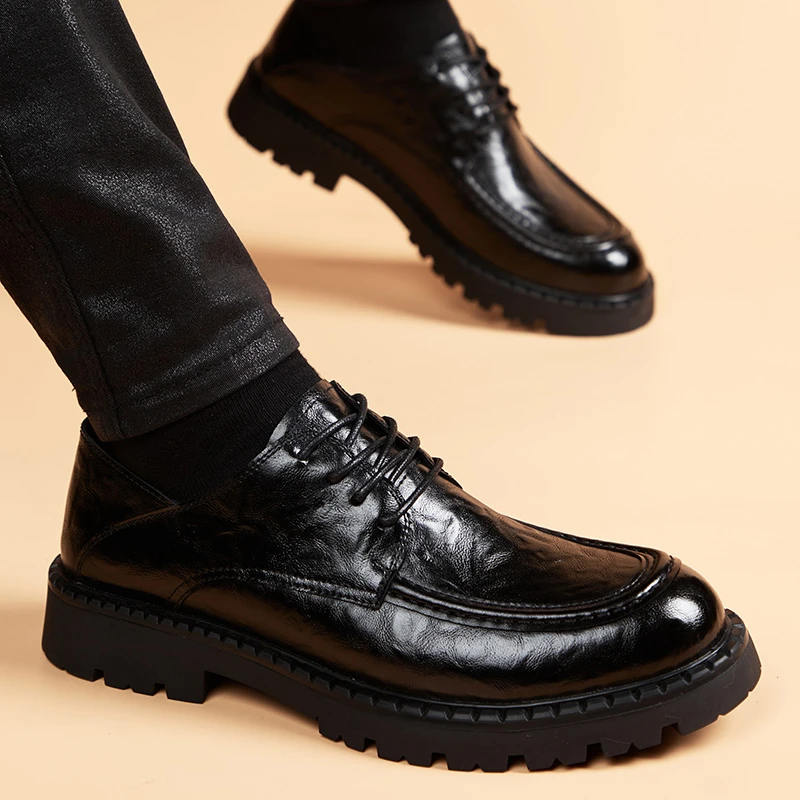 休闲皮鞋男新款英伦风厚底内增高德比鞋软皮潮鞋时尚百搭男鞋子