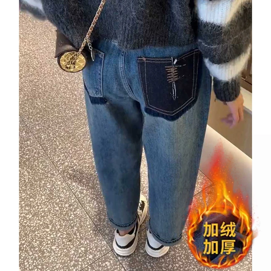 冬季新款加绒加高腰哈伦裤女拼接设计宽松遮胯厚显瘦百搭老爹裤子