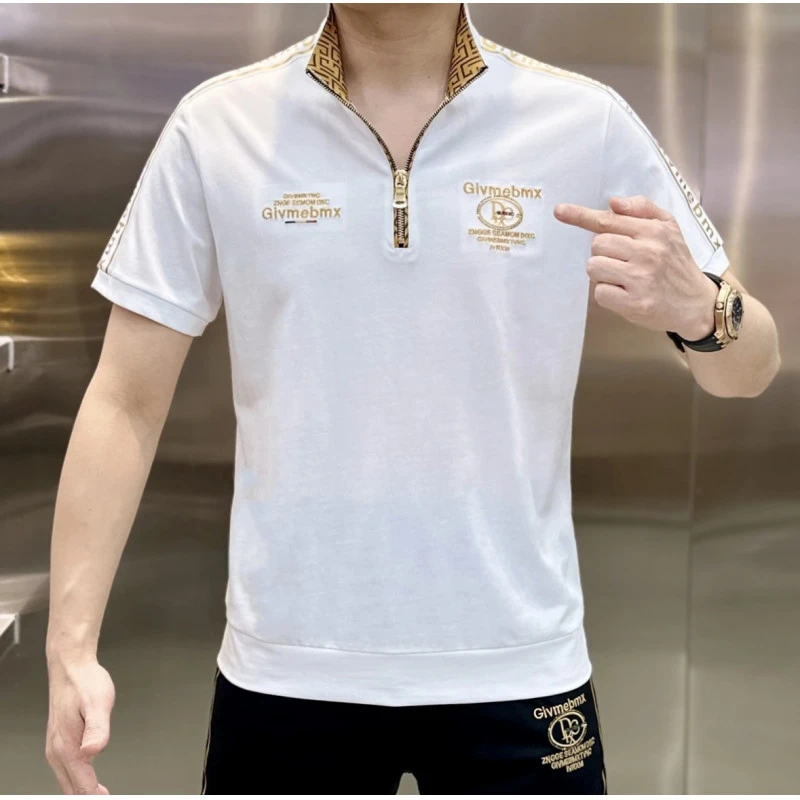 T2夏季欧货翻领拉链字母男士轻奢打底衫百搭修身半袖简约T恤商务