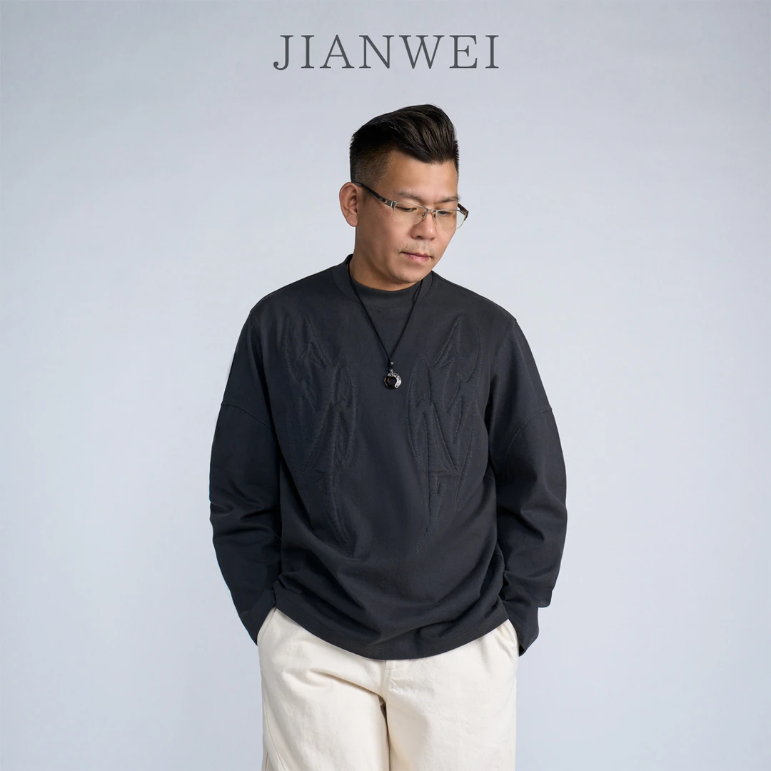 重磅潮流纯棉圆领宽松休闲绣花时尚百搭长袖T恤