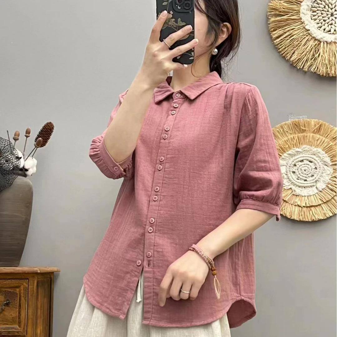 夏季新款双排扣纯色宽松大码文艺全棉五分袖衬衫上衣