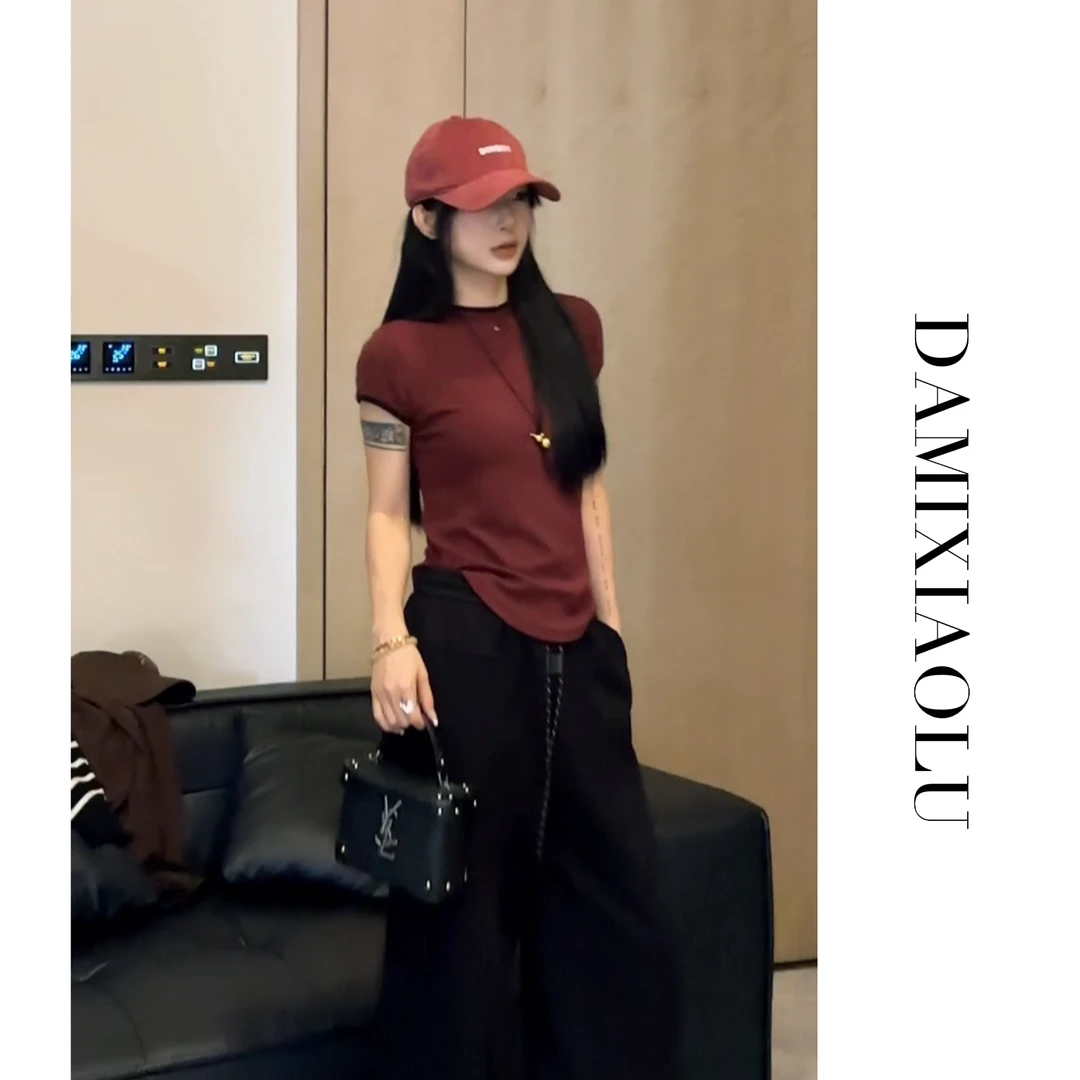 【大米和小鹿】2025新款正肩修身设计感短款辣妹半袖纯色小T恤