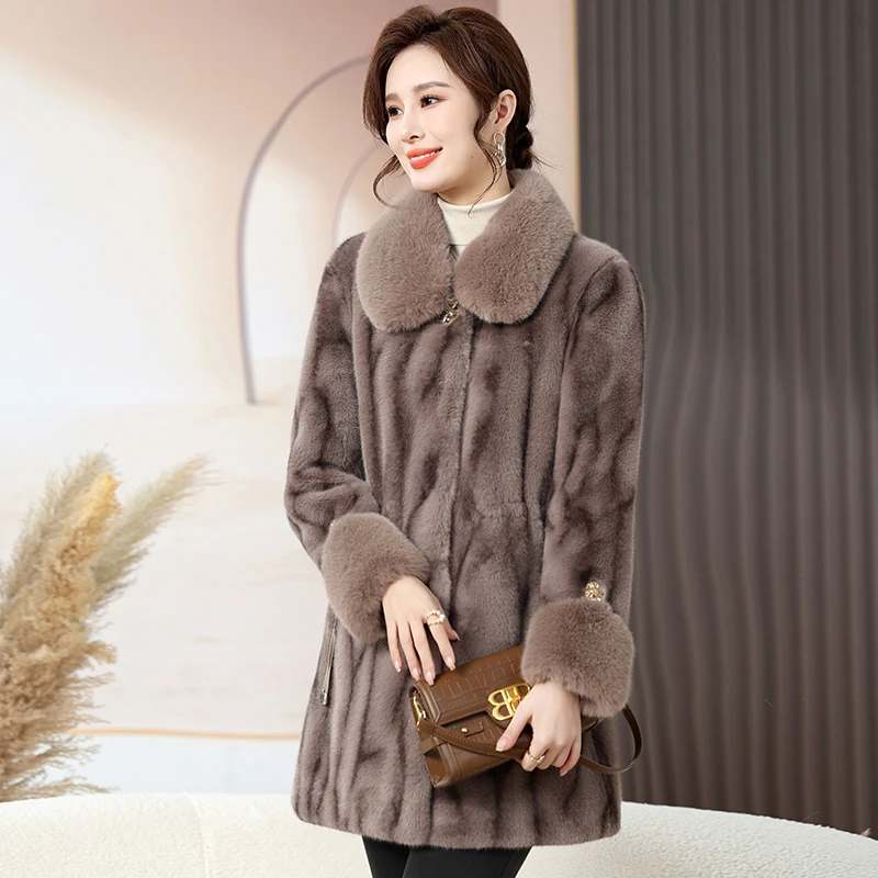 妈妈冬装中长款外套中年秋冬时尚水貂绒大毛领高贵皮毛一体大衣厚